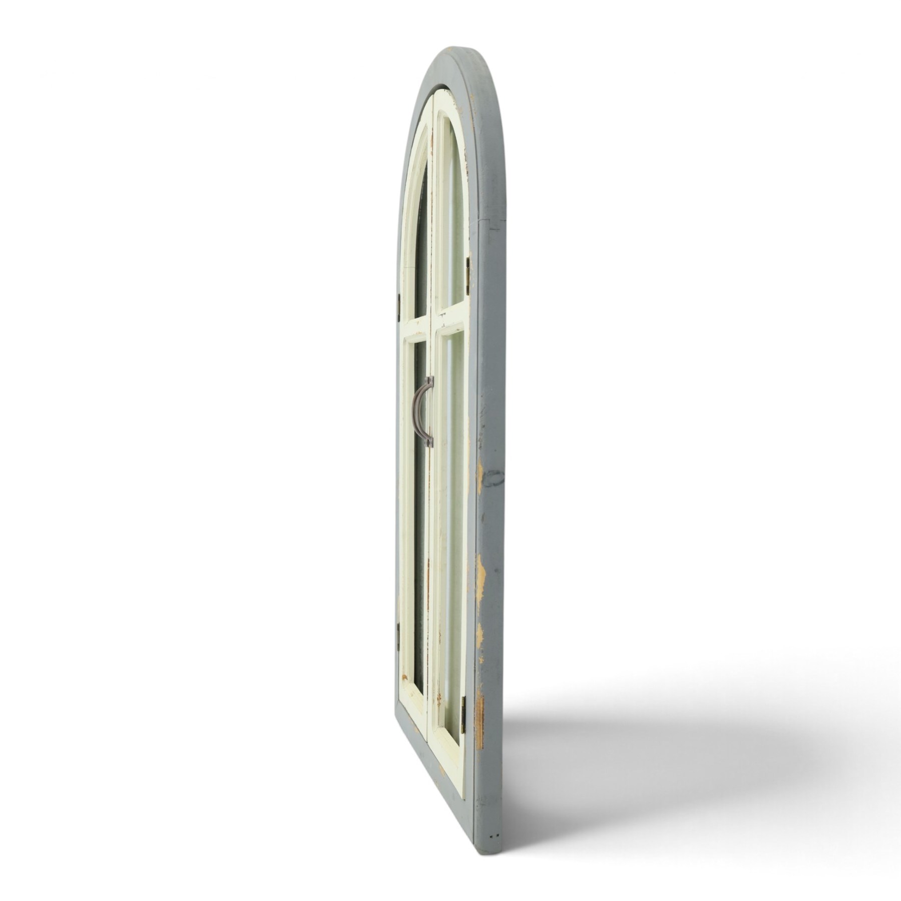 Traditional shutter garden mirror, curved grey frame enclosing a plain mirror plate, with open panel doors