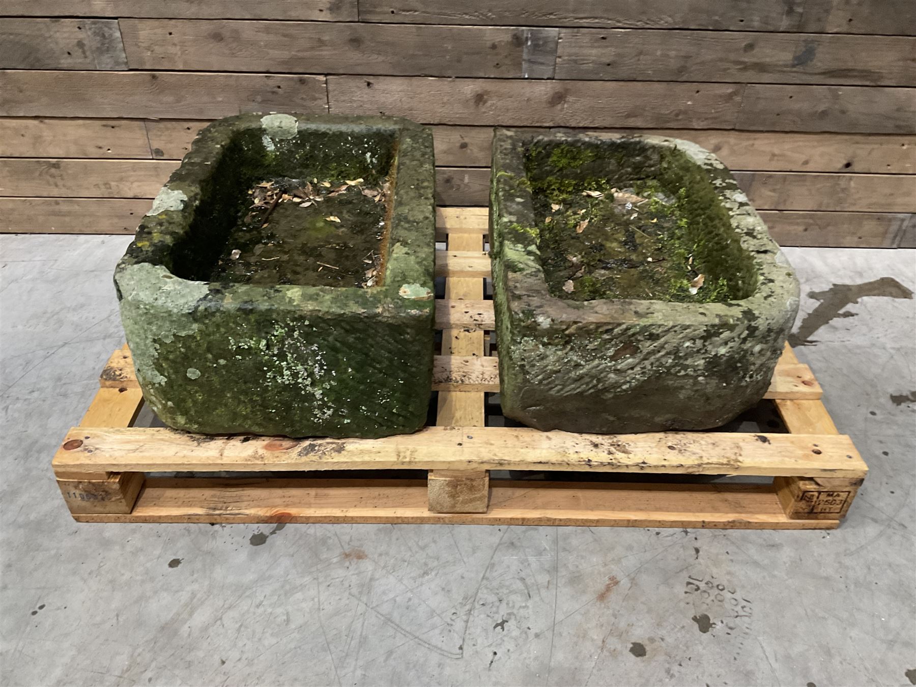 Two 19th century rectangular stone troughs (W72cm, D46cm, H25cm & W70cm, D44cm, H23cm)