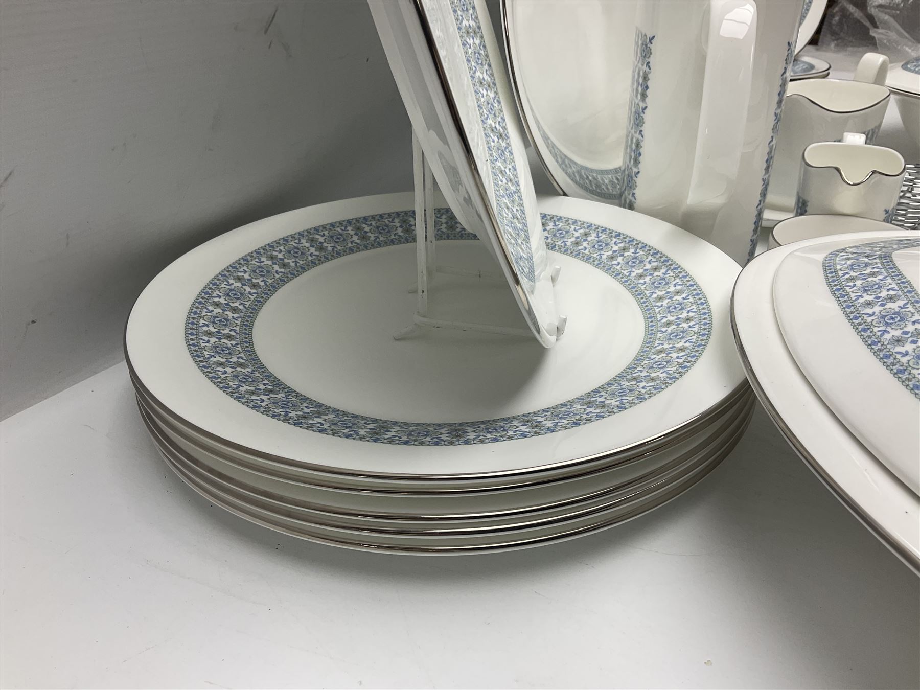 Royal Doulton Counterpoint pattern tea and dinner service for six, to include teapot, teacups and saucers, milk jug, sucrier, dinner plates, covered dishes etc