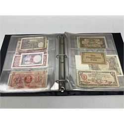 World banknotes, including Queen Elizabeth II The States of Jersey one pound 'DB202703', five pounds 'BB527762' and ten pounds 'AB651481', reserve bank of New Zealand two dollars '1L3 741894', King George V Straits Settlements one dollar 1st January 1935 'F/83 28924', various Bank of England notes etc, housed in two ring binder albums