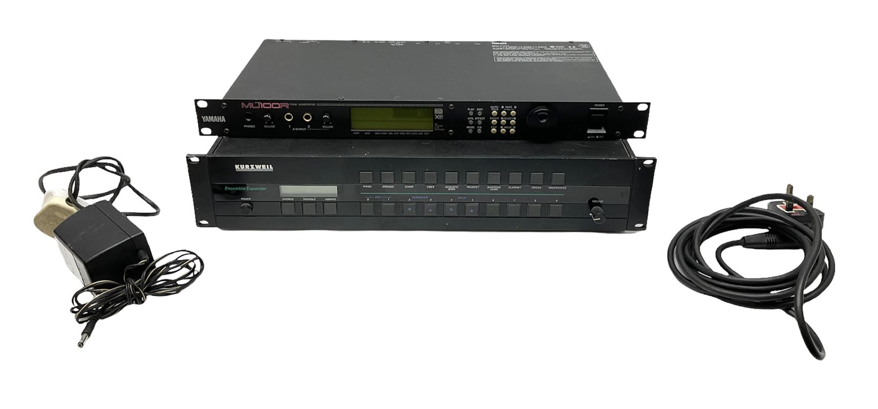 Kurzweil Ensemble Expander model 1000EX serial no.88070661; and Yamaha MU100R tone generator serial no.NP01899; both with leads (2)