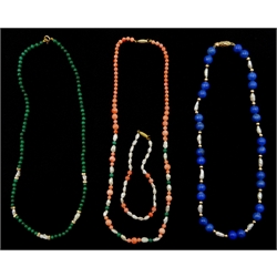 Lapis lazuli, gold bead and pearl necklace, malachite and pearl necklace and coral, pearl and malachite necklace with similar bracelet, all with 9ct gold clasps, stamped or tested (4)
