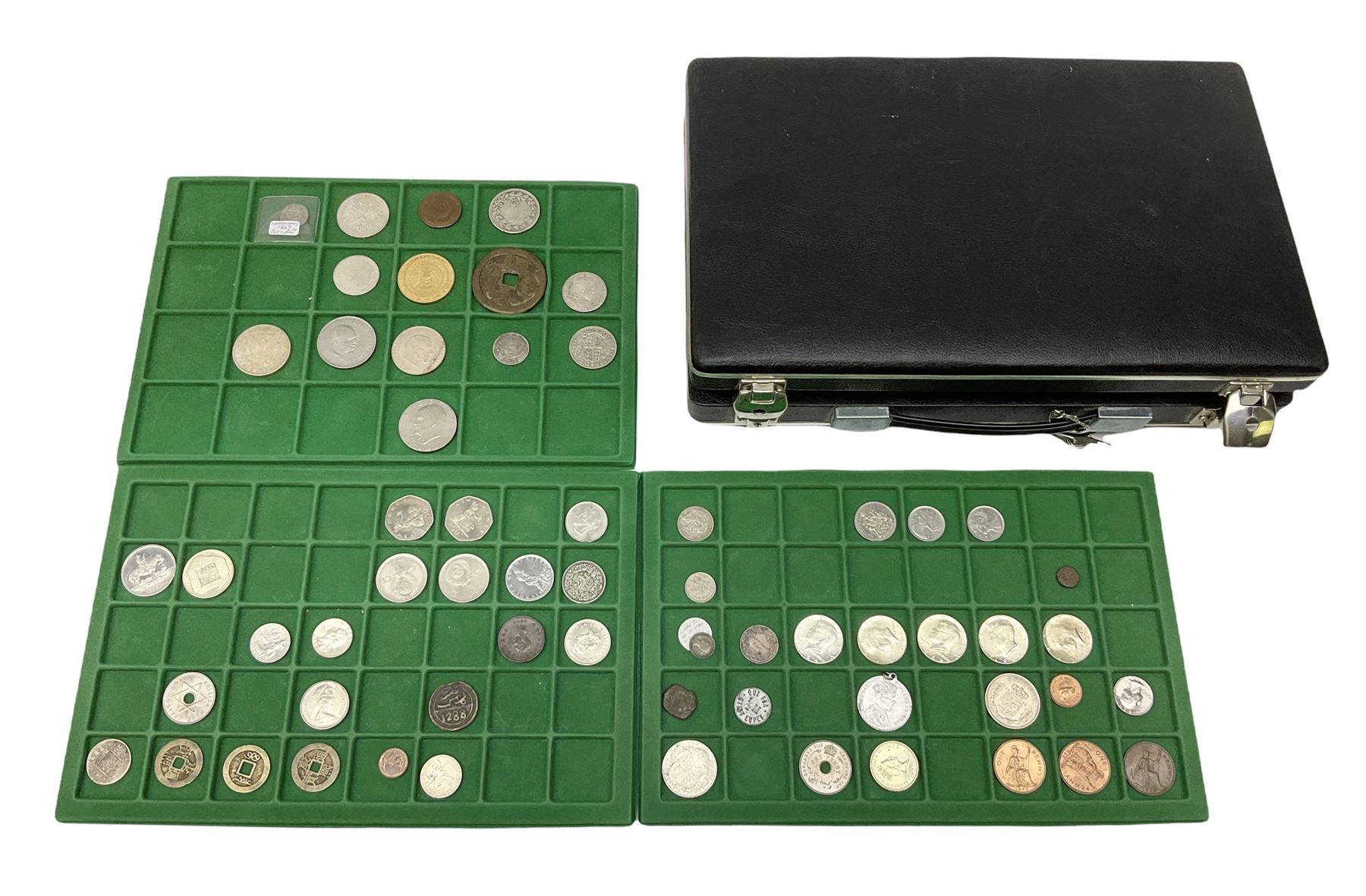 Coins and medallions including, York 1811 one shilling cattle and barber silver token, United States of America 1883O silver Morgan dollar, birds of destiny medal by Malcolm Appleby, Great British King George V 1930 halfcrown, King Edward VII 1902 silver medal, King George V 1916 halfcrown etc, housed in a case with lift out green coin trays