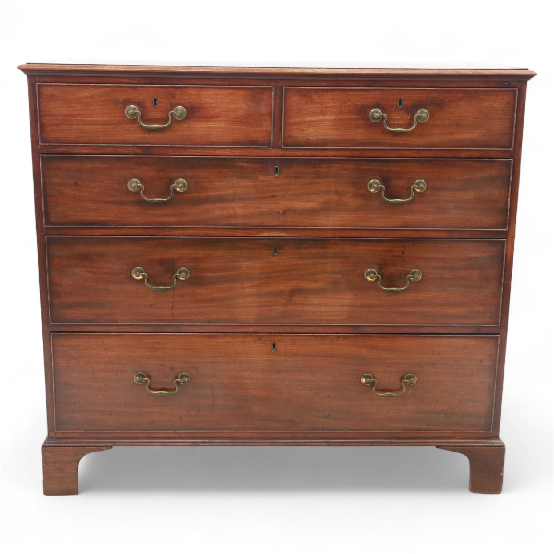 Late 19th-century Georgian-style mahogany chest of drawers, rectangular top with moulded edge over two short and three graduated drawers, raised on bracket feet, back foot missing 