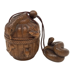 Japanese Meiji carved wooden inro, modelled as a basket with snake and rats climbing over, with snake carved netsuke and ojime bead, H8cm  