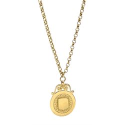 Early 20th century 9ct gold fob with bright cut decoration and cartouche by Joseph Moore, Birmingham 1914, on 9ct gold belcher link necklace