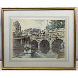 Eric R. Sturgeon (British 1920-1999): 'The Palace Gatehouse Wells', 'Bath Abbey', 'Pulteney Bridge' and 'Wells Cathedral', set of four lithographs signed in pencil and blind stamped, together with a print of Labradors, signed 'Logan' and numbered in pencil max. 43cm x 58cm (5)