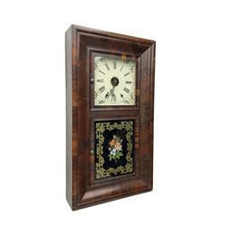 American - 19th century mahogany veneered 8-day ogee shelf clock, rectangular case with two glazed doors to the front, decorative glass tablet to the lower door with a depiction of flowers on a black background with a gold border, painted dial with Roman numerals, minute track, floral spandrels and Maltese cross steel hands, two train weight driven movement, striking the hours on a coiled gong. With the original Jerome trade label pasted on the inner back board of the case.