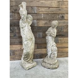 Cast stone figure of classical woman carrying amphora and another classical woman