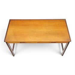 Danish mid-20th century teak small console table, fitted with two baize lined drawers, raised on square supports united by stretchers