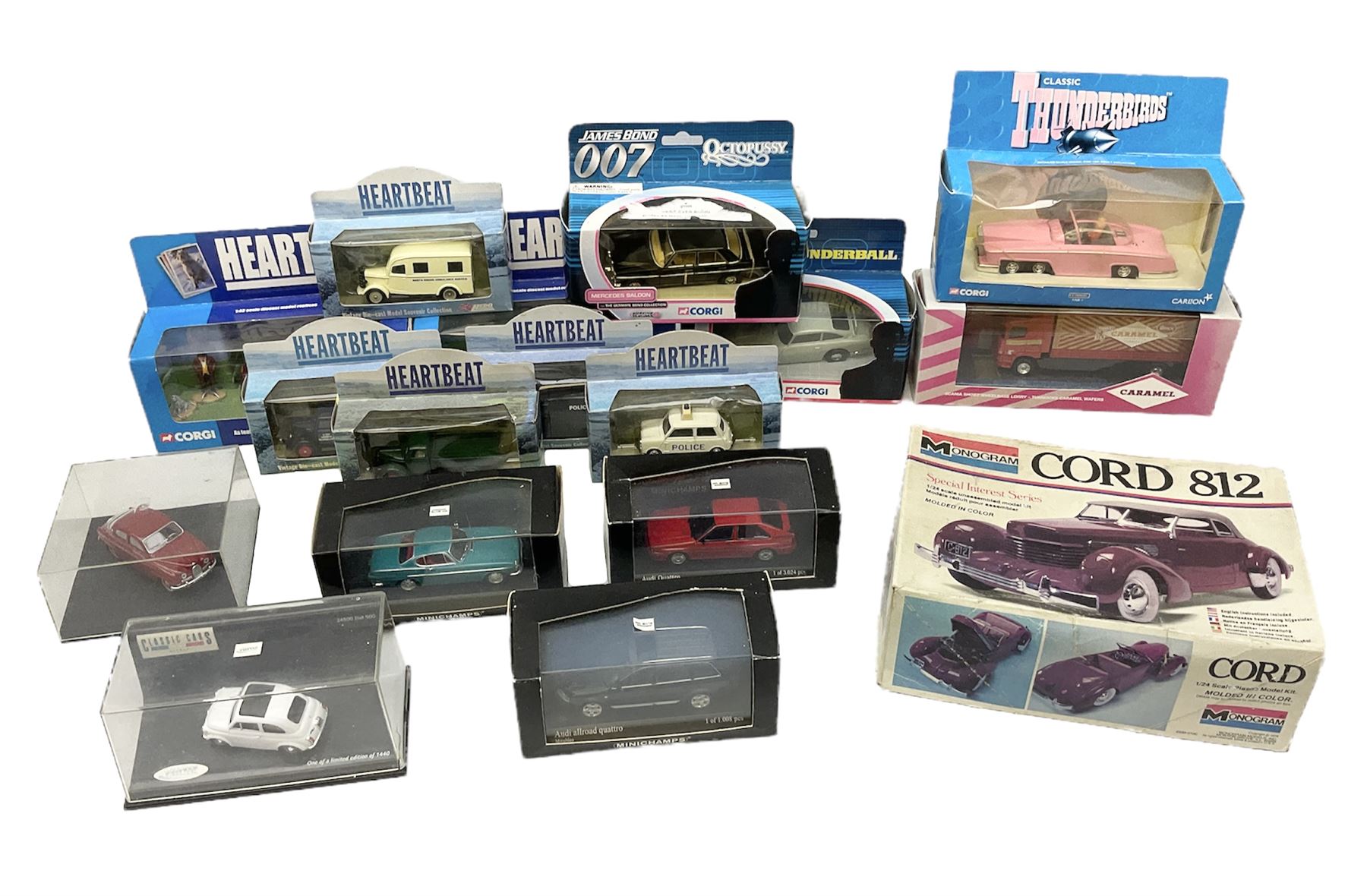 Collection of boxed die-cast model cars, to include Corgi Classics Thunderbirds 'Fab 1', with Lady Penelope and Parker figures, Corgi James Bond Octopussy and Thunderball, Heartbeat vehicles by Lledo and Corgi, Minichamps etc