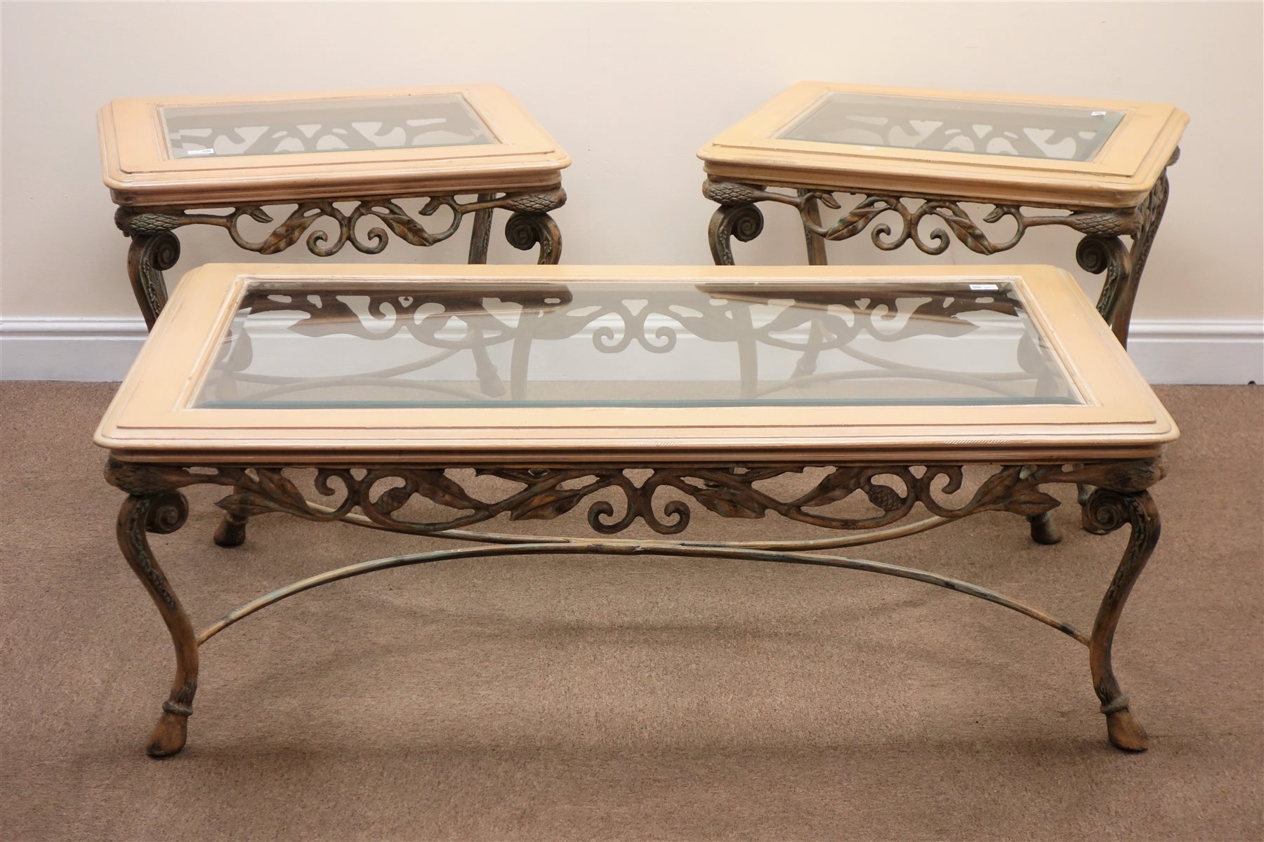 Ornate wrought metal rectangular coffee table, bevel edge glass top in