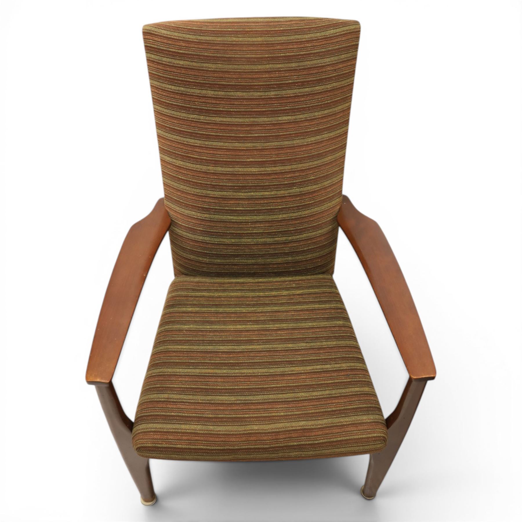 Parker Knoll - 'PK 988' open armchair, with teak frame, upholstered in a striped fabric, raised on tapering supports, the loose seat cushion supported on elasticated webbing 