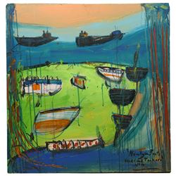 Newlyn School (Mid-20th century): 'Newlyn Boats Wrecks and Tankers no.4' oil on board titl...
