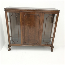 20th century mahogany bookcase display cabinet, two glazed doors flanking central cupboard, cabriole feet, W125cm, H114cm, D36cm