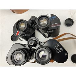 Nine cased pairs of binoculars, to include Embassy 8x40, Tasco 7x35, Zenith 10x50 Field. Opticron 10x50, Swift 8x40 Grand Prix Mk I, etc