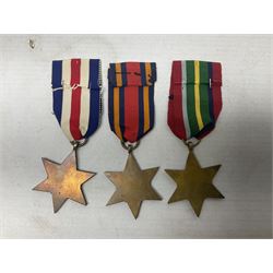 WW2 Canada Volunteer Service Medal 1939-45 with maple leaf clasp; and five WW2 Stars - Burma Star, Atlantic Star, Africa Star with 8th Army clasp, France and Germany Star and Pacific Star with Burma clasp; all with ribbons (6)