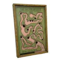 WWI 'The Silver Bullet or the Road to Berlin' ball bearing puzzle game, the stylised printed card map marked with various German towns and hazards on the allied advance to Berlin passing through towns and cities such as Hamburg and Dresden, manufactured by R. Farmer and Son circa 1916, with instructions label verso, in glazed frame