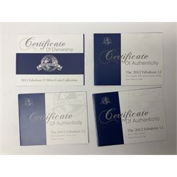 'The 2012 Fabulous 12 Silver Coin Collection' including Queen Elizabeth II Britannia one ounce silver two pound coin, Queen Elizabeth II Canada Maple Leaf one ounce silver five dollar coin, Queen Elizabeth II Australian Koala one ounce silver one dollar coin, Austrian Philharmonic one and a half euro coin, etc., in wooden presentation case