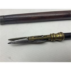 Two late 19th century fruit picker canes, the first example a French ebonised bamboo cane, with pair of fruit scissors to base, the handle stamped Cueille Fruit, the second example with grabbing action, the cap stamped A C Harris, Leicester, together with two other 19th century canes, one with fork and the other with hoe