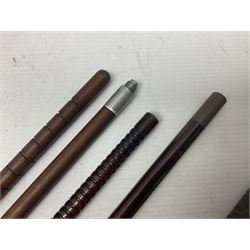 George V 1897 pattern Infantry officers sword, the 82cm single fullered blade with traces of etched detail and George V crown cipher, the ricasso marked Hawksworth Sheffield, pierced half basket hilt with George V cypher, wire-bound fish-skin grip with brass pommel and backstrap; in leather scabbard L102cm overall; together with two sectional gun cleaning rods; swagger stick made of leather strips etc