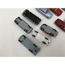 Corgi - thirty unboxed and playworn/repainted die-cast cars including Triumph Herald Coupe, BMC Mini-Cooper 'S', Porsche Carrera, two 'E' Type Jaguars, Rover 2000TC, three Morris Minors, two Aston Martin DB4, two Volvo P1800, MGA, Fiat 2100, Jaguar 2.4 Litre, Jaguar Mark X Saloon etc (30)