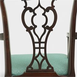 Georgian design mahogany elbow chair, the shaped top rail over a pierced vase shaped splat, swept open arms on square supports, upholstered drop-in seat, raised on cabriole legs terminating in pad feet