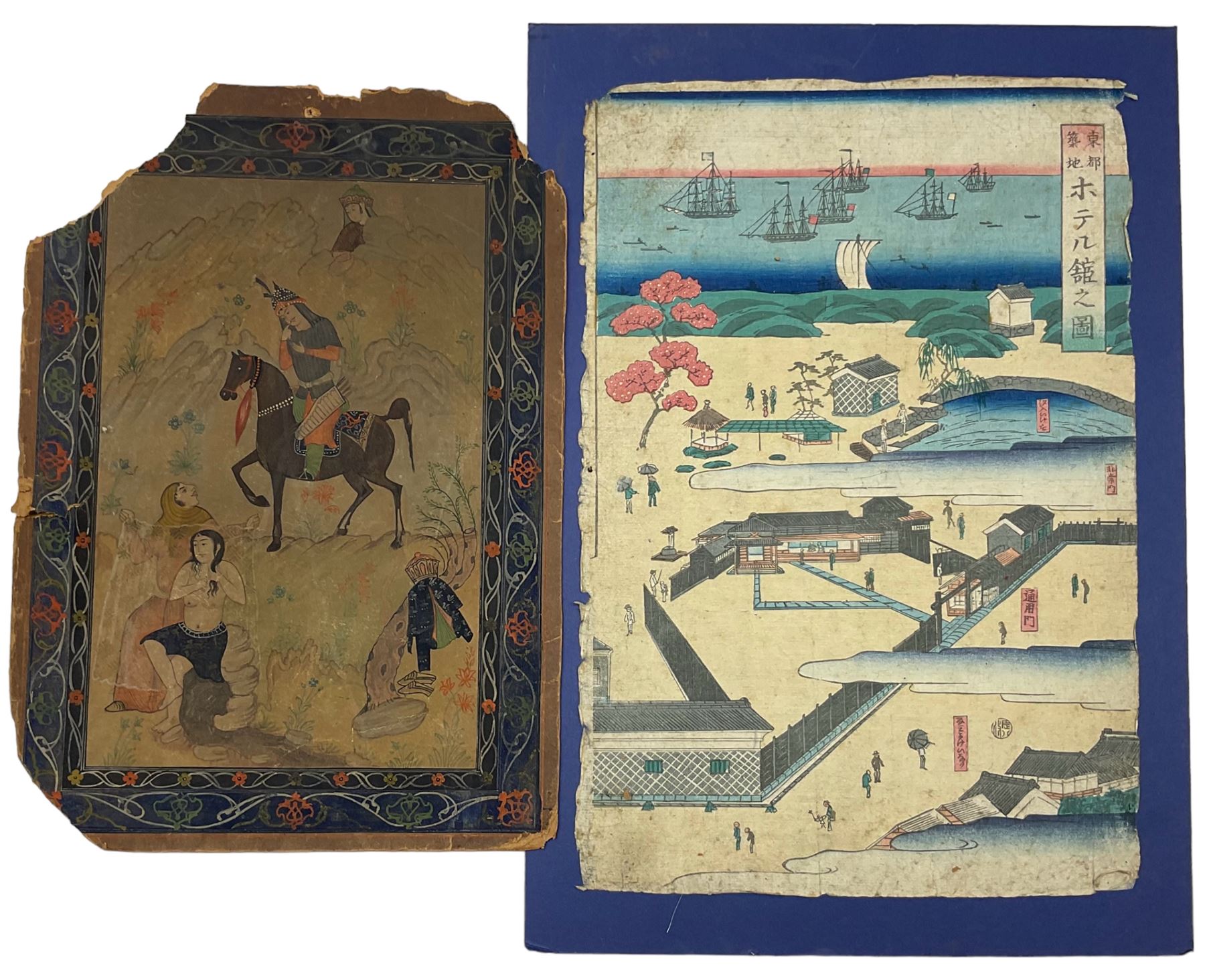 Early 20th century Japanese woodblock print, Mughal school watercolour, and box of unframed prints