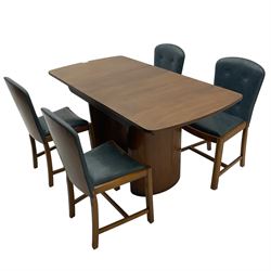 Beautility - early to mid-20th century walnut extending dining table, the additional leaf/coffee table with folding supports (76cm x 106cm - 153cm, H78cm); set of four dining chairs upholstered in teal leather 