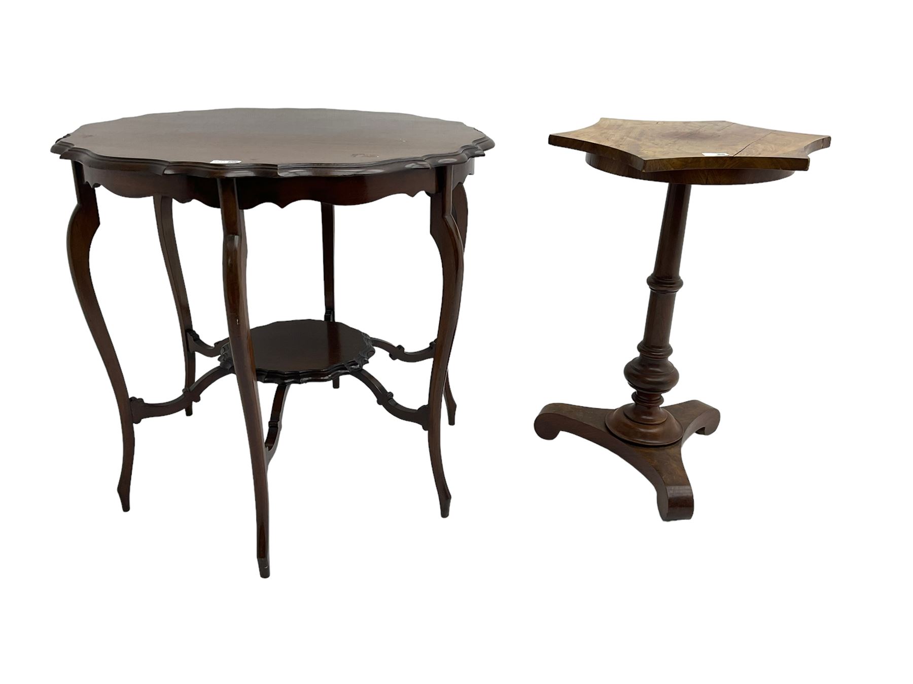 Chippendale design mahogany tea table, round top with shaped scalloped edge, raised on six cabriole supports united by under tier (W75cm H70cm); and early 20th century walnut occasional table, hexagonal top with concave edges raised on pedestal with tripod base (W51cm H72cm) (2)