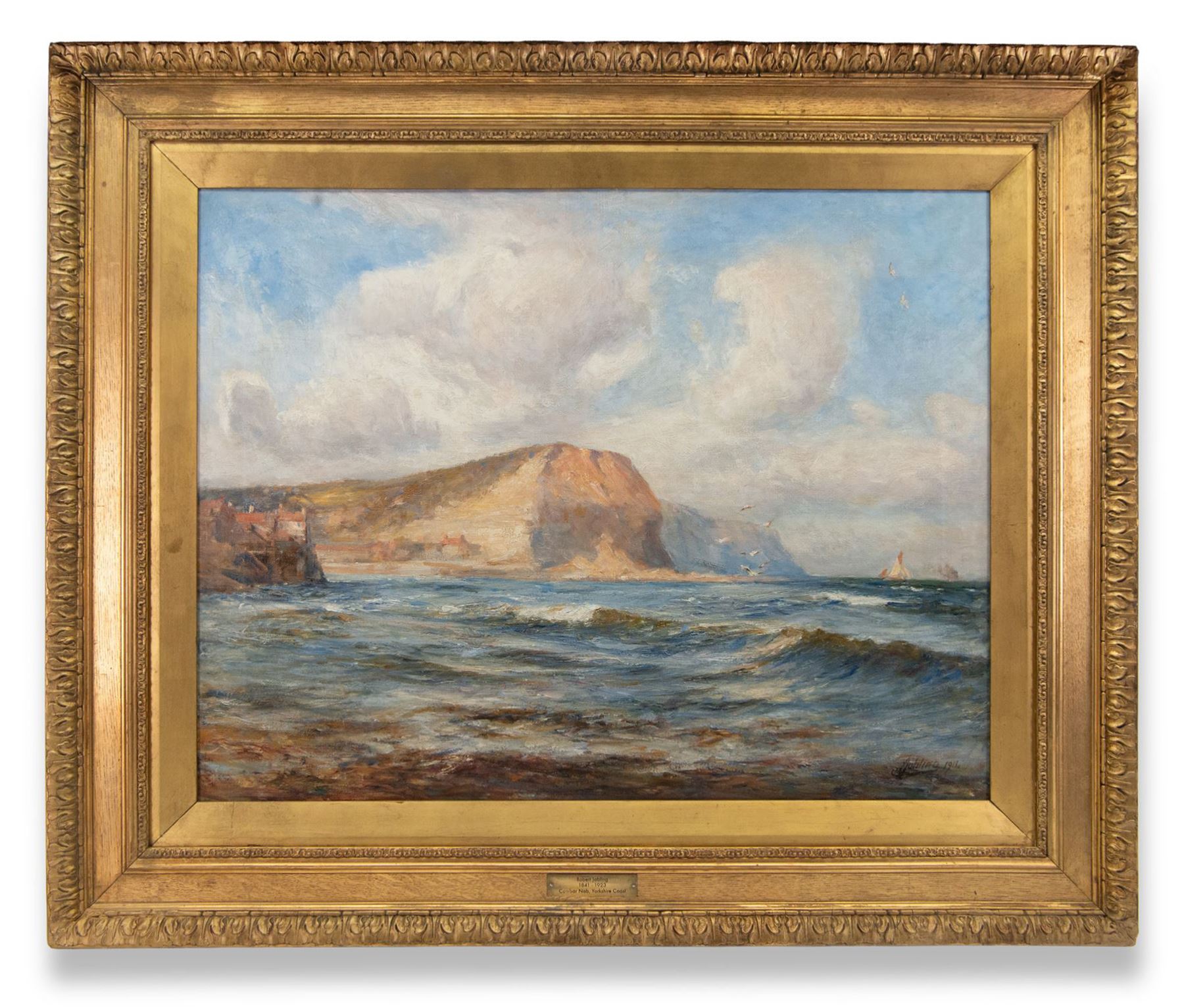 Robert Jobling (Staithes Group 1841-1923): 'Cowbar Nab - Yorkshire Coast', oil on canvas signed and dated 1914, original title label verso 71cm x 91cm 
Provenance: exh. Artists Belgian Relief Fund, Newcastle 1914, presented by the artist, label verso