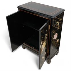 Chinese design black lacquered cupboard, decorated with birds and trailing flowers (W61cm, H81cm, D31cm); together with a similar Chinese design three drawer chest (W57cm, D34cm, H61cm)