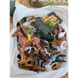 Kay of London table top skittles game, collection of plastic toy figures including Britains examples and a boxed Chad Valley Escaldo game