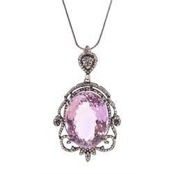 Silver oval cut amethyst and diamond, fancy openwork pendant necklace, amethyst approx 36.50 carat