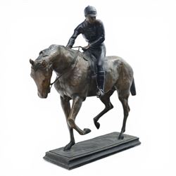 After Isidore Jules Bonheur (1827-1901), bronze figure of a jockey on horseback, upon a rectangular base, signed Bonheur, H88cm