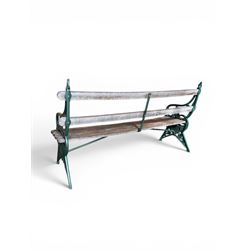 Coalbrookdale - Lily Pad design cast iron an wood slatted garden bench, late 19th century Aesthetic Movement, no. 217569, painted in green with iron centre support and seat stretcher, hardwood slatted