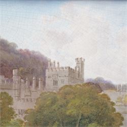 English porcelain plaque depicting Haddon Hall, with painted title and 'R' signature verso, overall 25.5cm x 35cm 