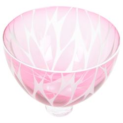 Gillies Jones of Rosedale glass bowl decorated with pink leaves with white rim, upon a short clear tapering foot, signed to base, H14cm D15cm