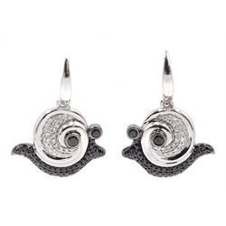 Pair of 18ct white gold black and white diamond, stylized snail design pendant earrings stamped