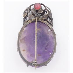  Early 20th century Chinese lotus carved amethyst and jade silver brooch   