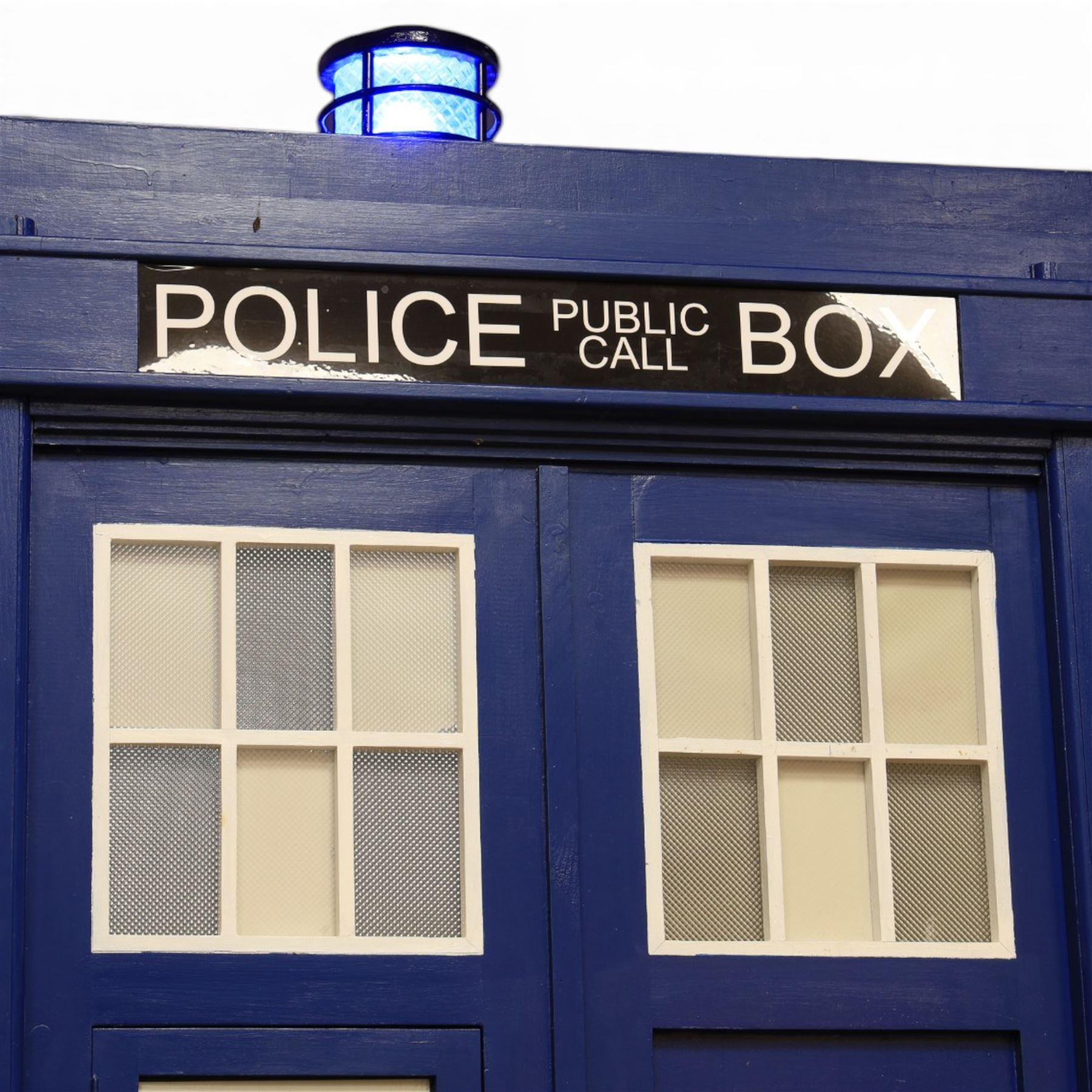 Doctor Who - full scale scratch built replica TARDIS, with functioning lantern and ringing telephone, the telephone door autographed by several Doctor Who cast members including Sylvester McCoy, Frazer Hines, Wendy Padbury, Janet Fielding and Caroline John

