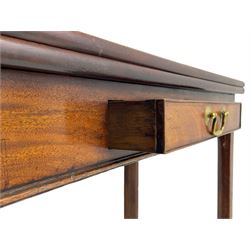 George III mahogany tea or side table, fold-over top over single gate-leg action base, fitted with single cock-beaded drawer, raised on square supports with inner chamfer