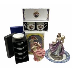 Multiple photo frame wall clock H40cm, together with a gold wall clock 38cm and pink glass ceiling light shade, Franklin Mint figure Catherine from Wuthering Heights H29cm, Leonardo figure Summer Breeze H21cm, with original box, a set of four japanese bowls, etc.    