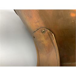 Agricultural copper corn funnel, H32.5cm, another similar copper funnel and copper warming platter of oval form, with twin handles on four supports, with removeable warming plate, L49cm