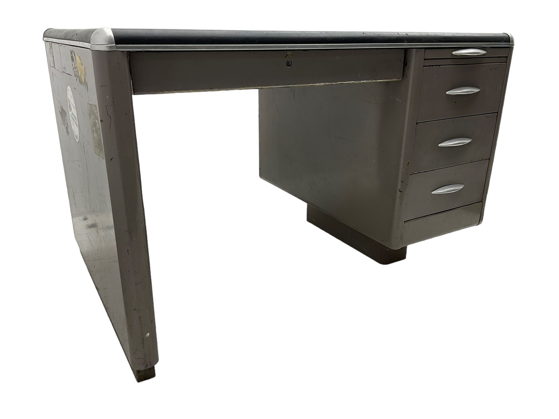 Sankey Sheldon - mid-20th century industrial metal desk, rectangular top over single pedestal fitted with three drawers and slide