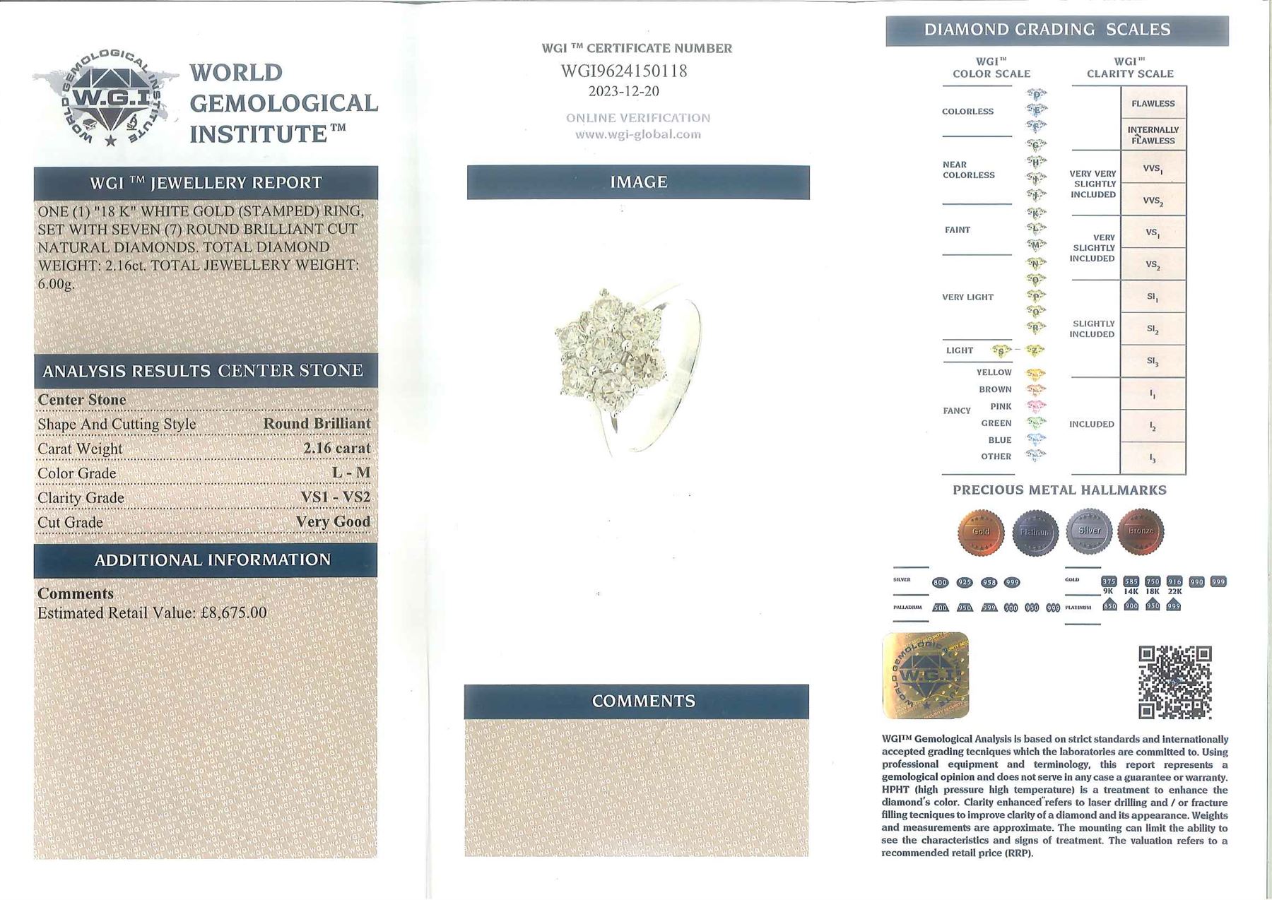 18ct white gold diamond daisy cluster ring, set with seven round brilliant cut diamonds, stamped 750, total diamond weight 2.16 carat, with World Gemological Institute report