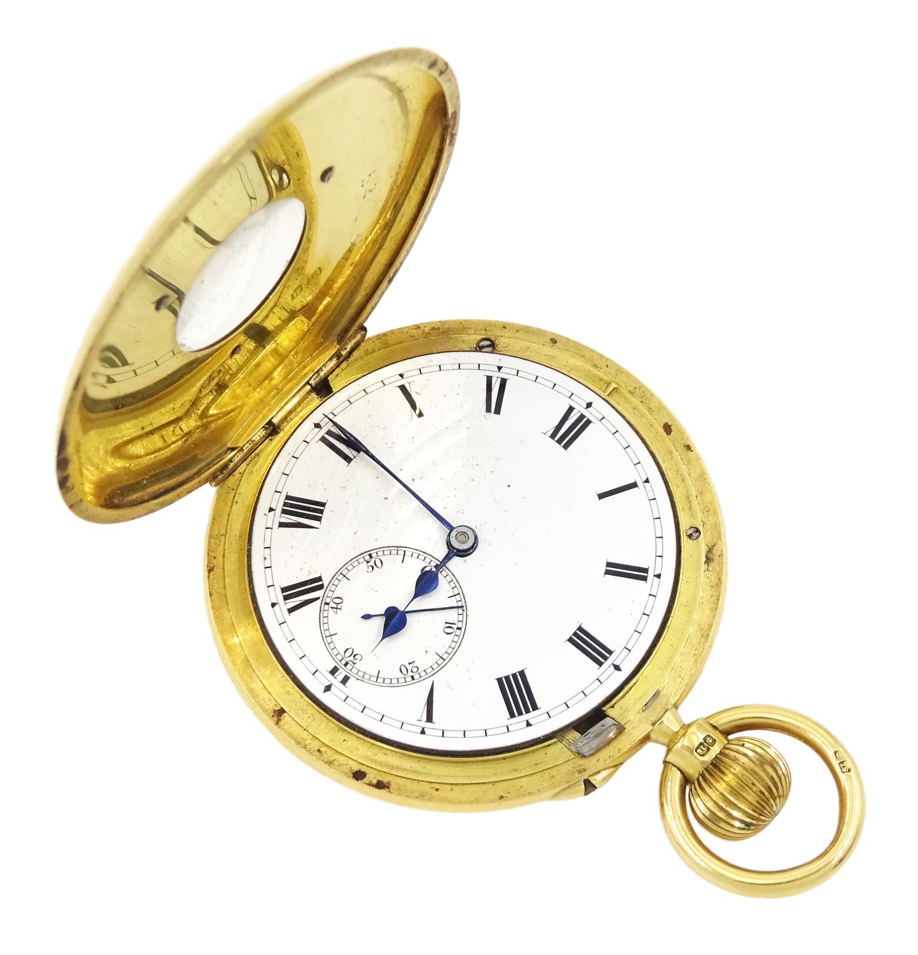 Edwardian 18ct gold half hunter keyless lever pocket watch by Manoah Rhodes & Sons Ltd, Bradford, No. 14478, white enamel dial with Roman numerals and subsidiary seconds dial, back case with engraved monogrammed initials, case makers mark JG, London 1905