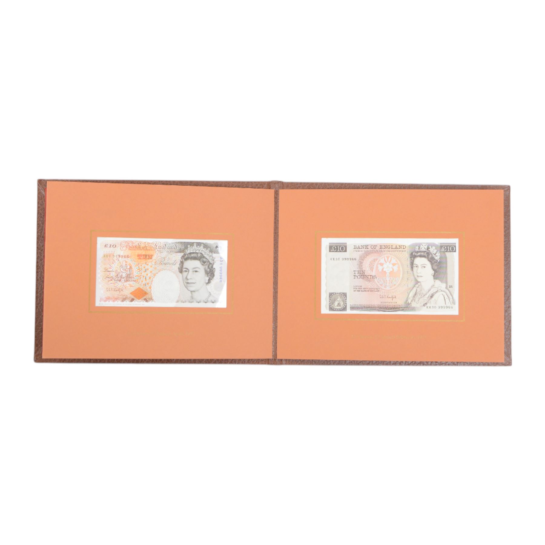 Seven Bank of England limited edition presentation pack pairs of banknotes, all with matching serial number 999966, comprising Gill five pound series D and E prefixes SE90 and A01, Kentfield five pound series E prefixes W18 and AA01, Kentfield ten pound series D and E prefixes KR30 and A01, Kentfield ten pound series E prefixes X40 and DD01, Gill twenty pound series D and E prefixes 20X and A01, Kentfield series E prefixes W35 and X01, and Kentfield series D and E prefixes E30 and A01, housed in leatherette binders manufactured by the Bank of England, 