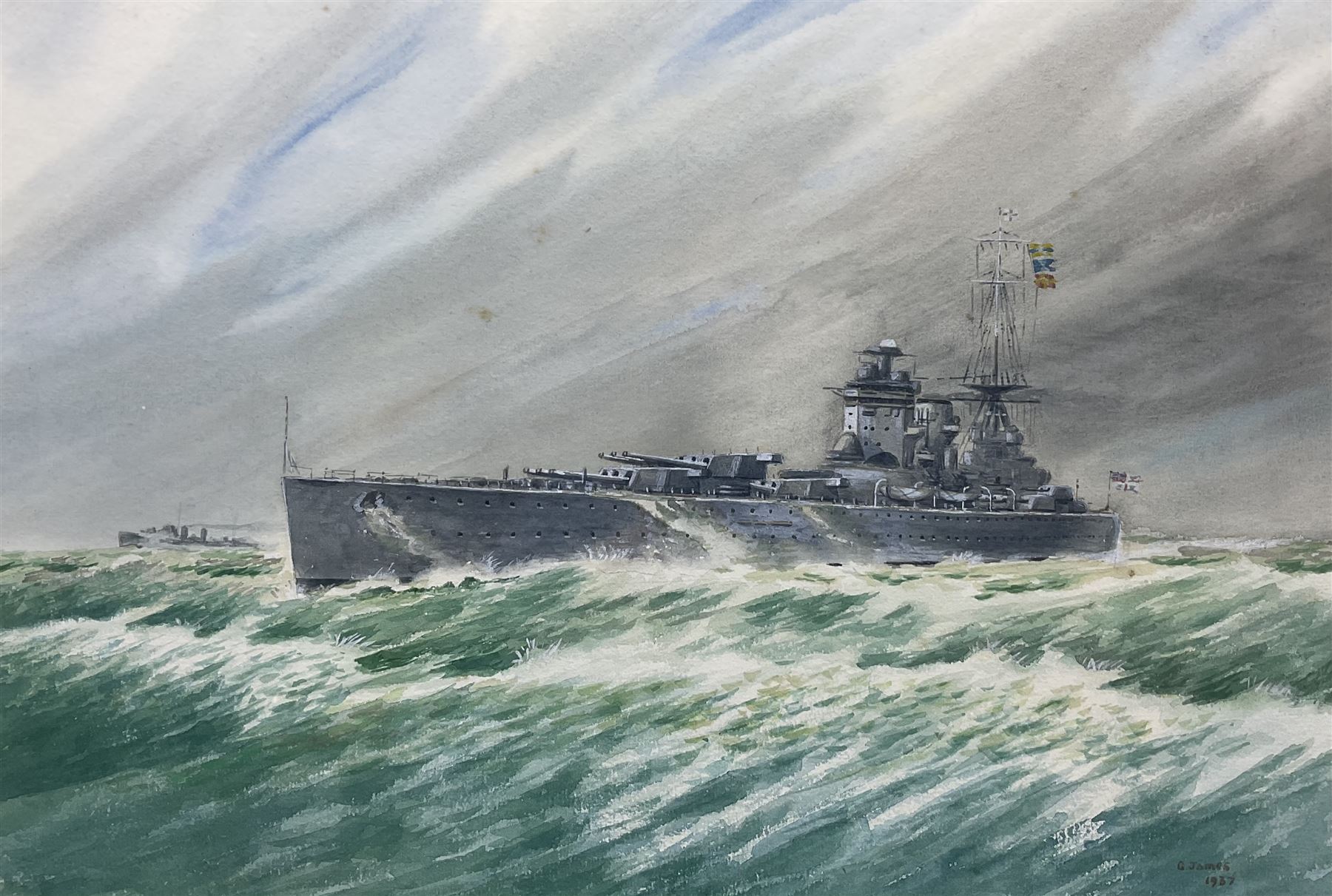 G James (British 20th Century): Warship at Sea, watercolour signed and dated 1937, 26cm x 38cm 