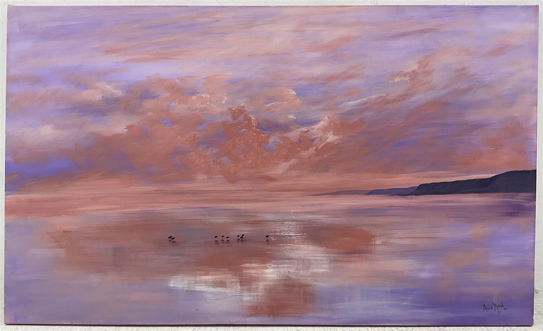 Alice Maw (British 1942-):  ‘Heavenly Sky - South Bay Scarborough’, acrylic on canvas signed, titled verso 92cm x 153cm (unframed)